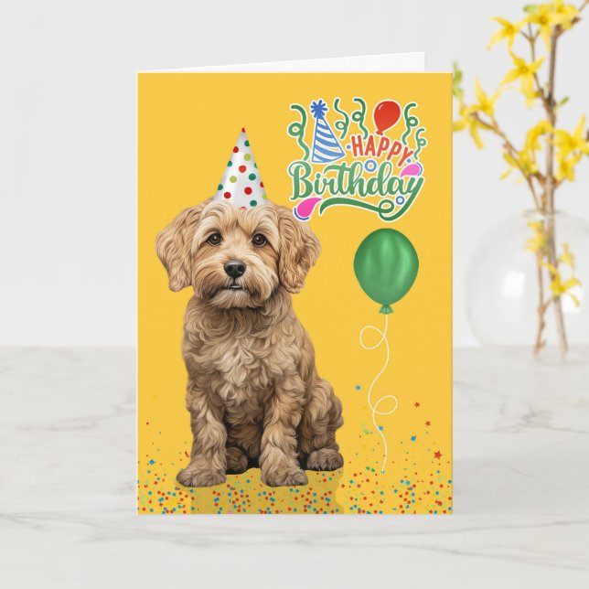 Cockapoo Dog Party Hat Yellow Birthday Card (Yellow Flower)