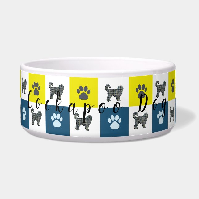 Cockapoo Dog & Paw Yellow & Blue Grid Dog Bowl (Front)