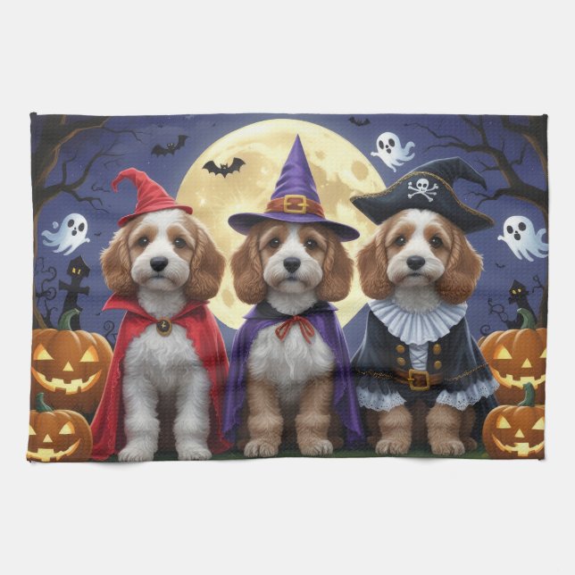 Cockapoo Dog Pumpkin Halloween Funny Tea Towel (Horizontal)