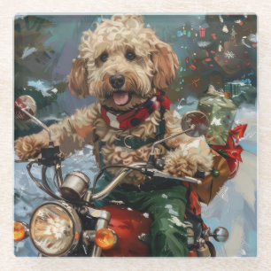 Cockapoo Dog Riding Motorcycle Christmas Glass Coaster