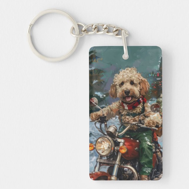 Cockapoo Dog Riding Motorcycle Christmas Key Ring (Front)