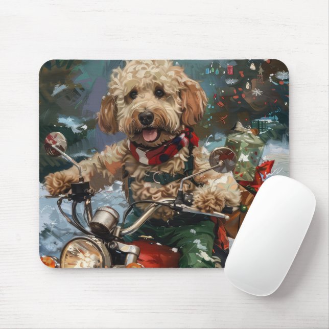 Cockapoo Dog Riding Motorcycle Christmas Mouse Mat (With Mouse)