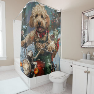 Cockapoo Dog Riding Motorcycle Christmas Shower Curtain