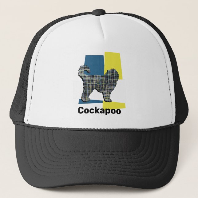 Cockapoo Dog Silhouette Yellow & Blue TriC Grid Trucker Hat (Front)