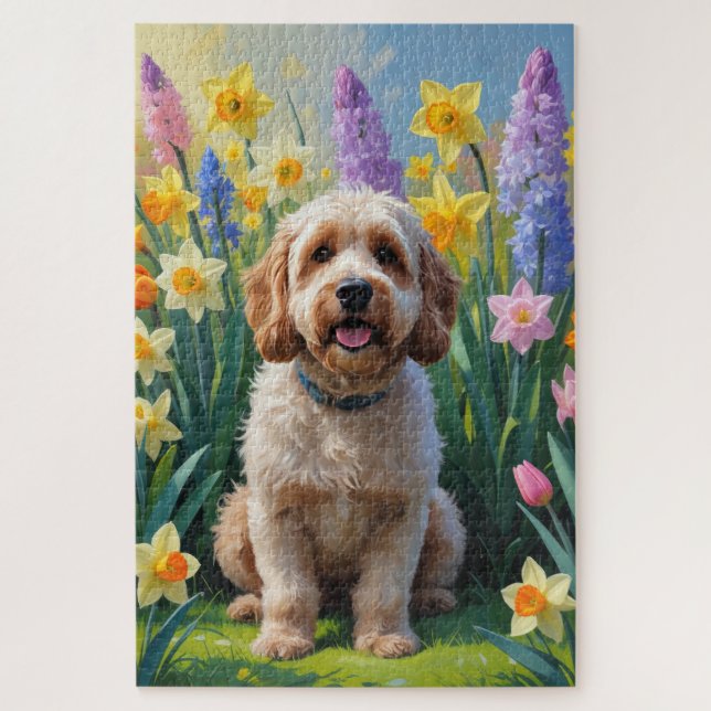 Cockapoo Dog Spring Flowers Painting Jigsaw Puzzle (Vertical)
