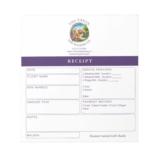 Cockapoo Dog Walker Custom Receipt Pad Book (Front)