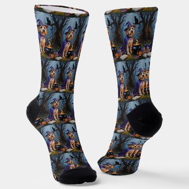 Cockapoo Dog Whimsical Halloween Painting Socks (Angled)