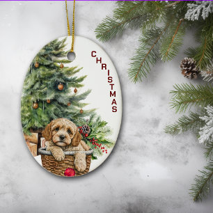 Cockapoo Dog Wicker Basket Christmas Ceramic Tree Decoration