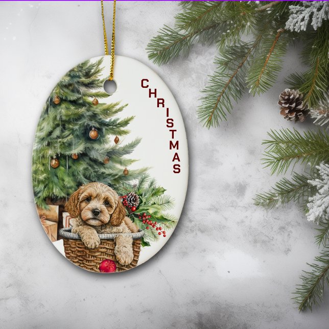 Cockapoo Dog Wicker Basket Christmas Ceramic Tree Decoration (Creator Uploaded)