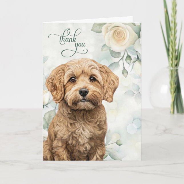 Cockapoo Dog with White Roses and Sage Green Thank You Card (Front)