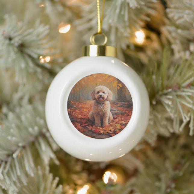 Cockapoo in Autumn Leaves Fall Inspire Ceramic Ball Christmas Ornament (Tree)