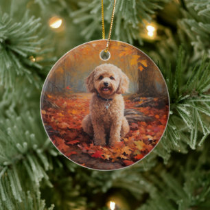 Cockapoo in Autumn Leaves Fall Inspire Ceramic Tree Decoration
