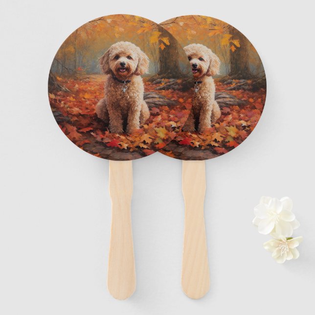 Cockapoo in Autumn Leaves Fall Inspire Hand Fan (Front and Back)