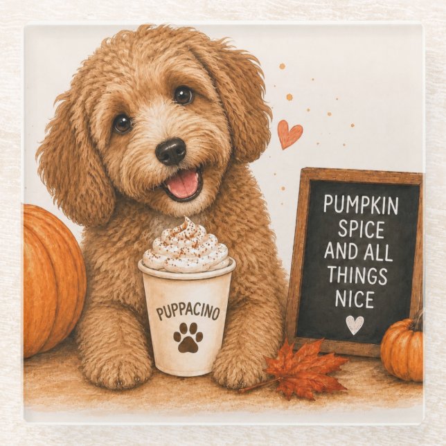 Cockapoo Pumpkin Spice Puppaccino Glass Coaster (Front)
