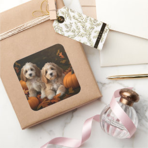 Cockapoo Puppy Autumn Delight Pumpkin Square Sticker