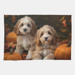 Cockapoo Puppy Autumn Delight Pumpkin  Tea Towel
