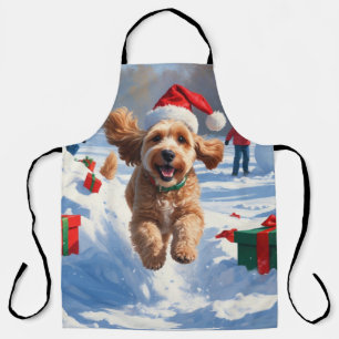 Cockapoo Running in Snow with Christmas Hat Apron