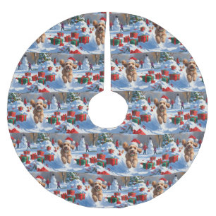 Cockapoo Running in Snow with Christmas Hat Brushed Polyester Tree Skirt