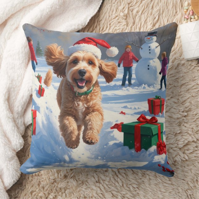 Cockapoo Running in Snow with Christmas Hat Cushion (Blanket)