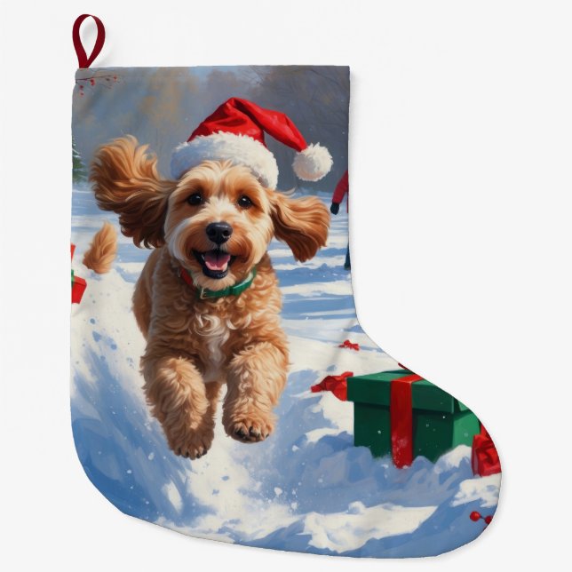 Cockapoo Running in Snow with Christmas Hat Large Christmas Stocking (Front)