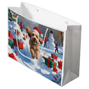 Cockapoo Running in Snow with Christmas Hat Large Gift Bag