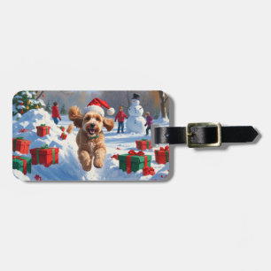 Cockapoo Running in Snow with Christmas Hat Luggage Tag
