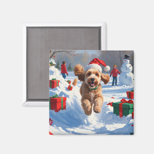 Cockapoo Running in Snow with Christmas Hat Magnet