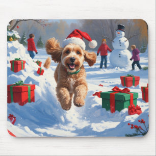 Cockapoo Running in Snow with Christmas Hat Mouse Mat