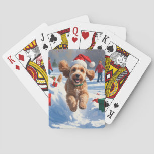 Cockapoo Running in Snow with Christmas Hat Playing Cards