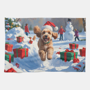 Cockapoo Running in Snow with Christmas Hat Tea Towel
