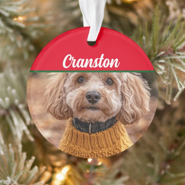 Cockapoo Santa Dog with Name and Photo Ornament (Tree)