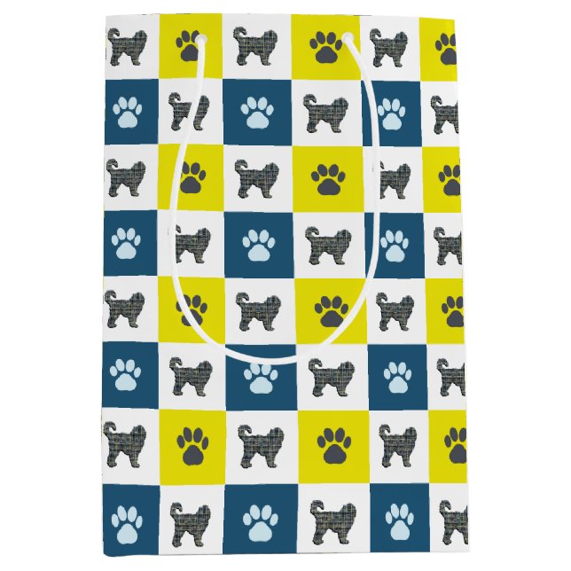 Cockapoo Silhouette Dog & Paw Yellow & Black Grid Medium Gift Bag (Front)