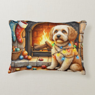 Cockapoo Sitting by Fireplace with Christmas Light Decorative Cushion