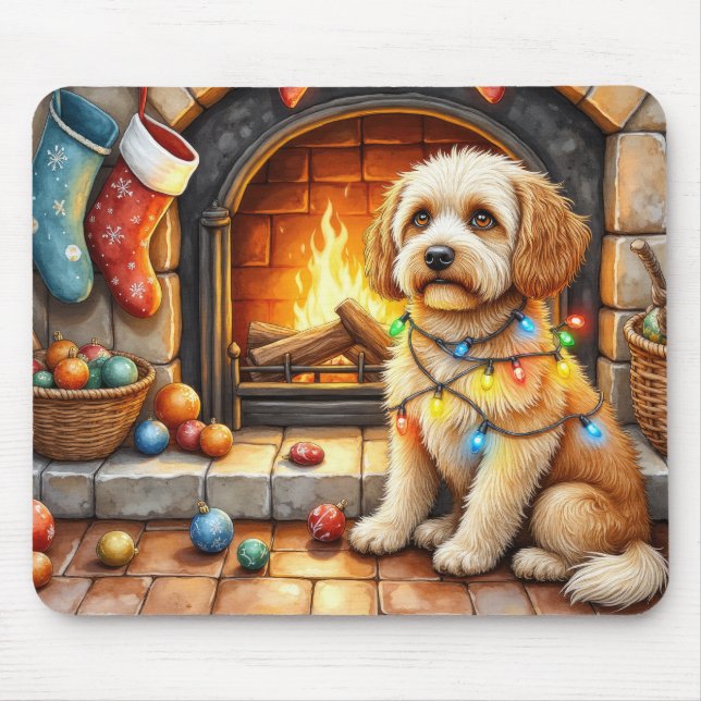 Cockapoo Sitting by Fireplace with Christmas Light Mouse Mat (Front)