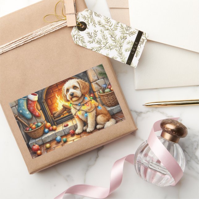 Cockapoo Sitting by Fireplace with Christmas Light Rectangular Sticker (Gifting)