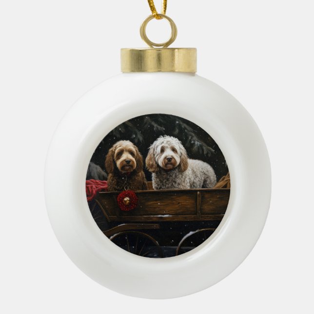 Cockapoo Snowy Sleigh Christmas Decor     Ceramic Ball Christmas Ornament (Front)