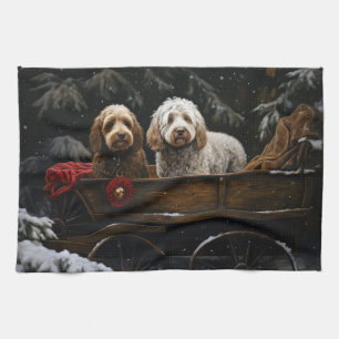 Cockapoo Snowy Sleigh Christmas Decor Tea Towel