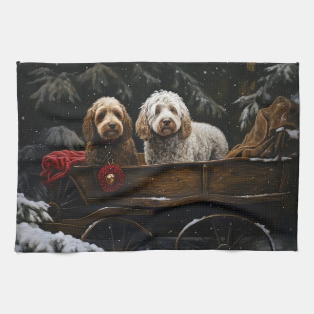 Cockapoo Snowy Sleigh Christmas Decor    Tea Towel (Horizontal)