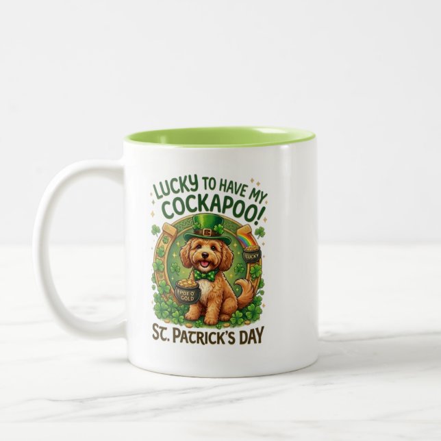 Cockapoo St Patrick's Day Lucky Dog Pot of Gold Two-Tone Coffee Mug (Left)