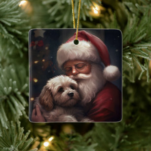 Cockapoo With Santa Claus Festive Christmas Ceramic Ornament