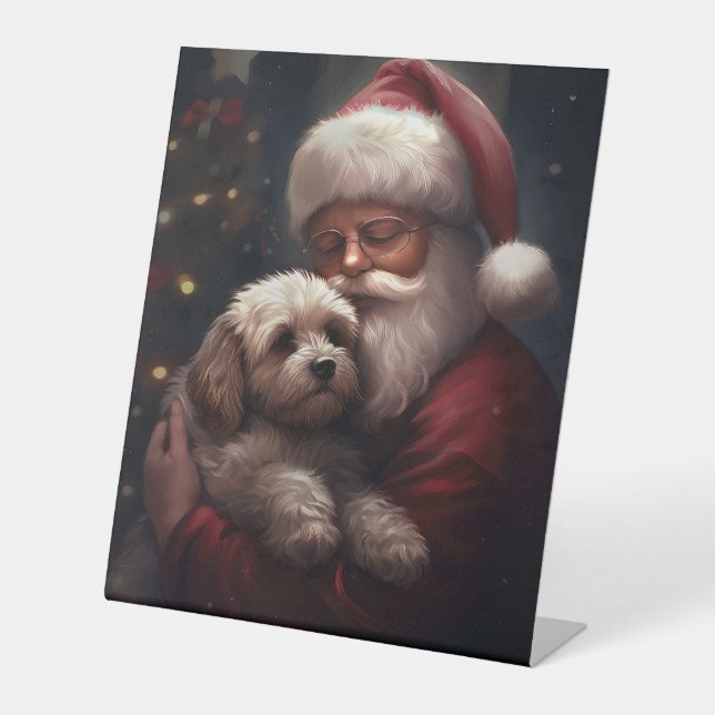 Cockapoo With Santa Claus Festive Christmas  Pedestal Sign (Front)