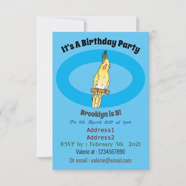 Cockatiel bird cartoon illustration  invitation (Front)