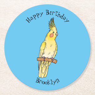 Cockatiel bird cartoon illustration round paper coaster