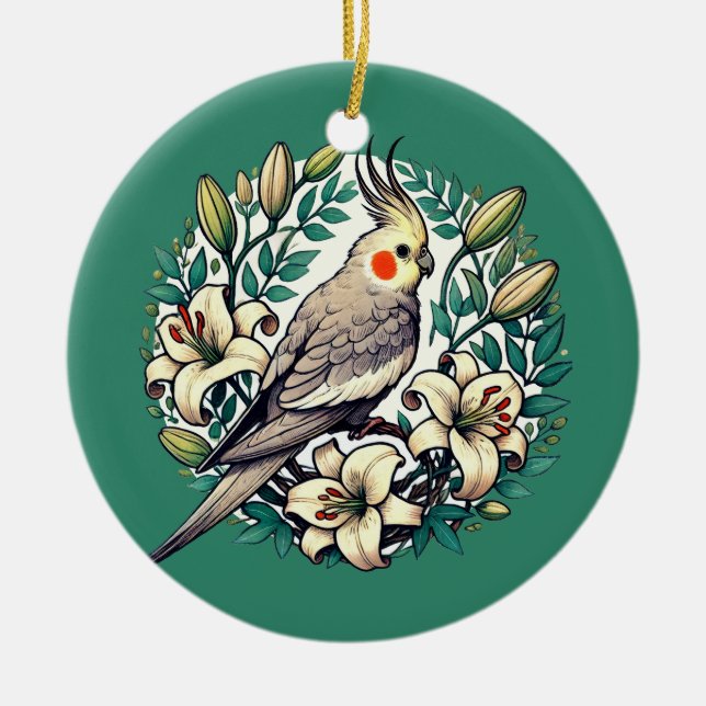 Cockatiel Bird Illustration                        Ceramic Tree Decoration (Front)