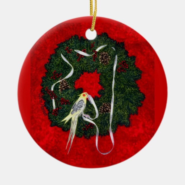 Cockatiel, Bird Ornament - "Santa's Little Helper" (Front)