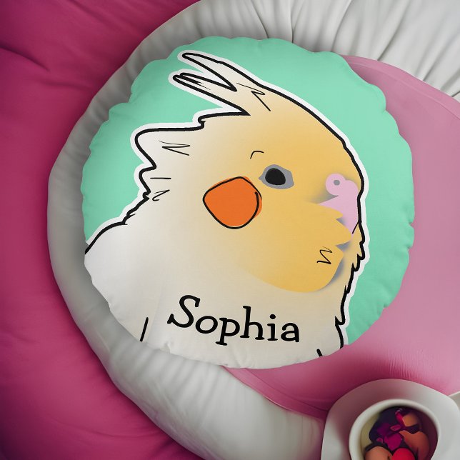 Cockatiel Kids Pet Bird Bedroom Decor Cute Green Round Cushion (Cockatiel kids' personalized pet bird pillow)