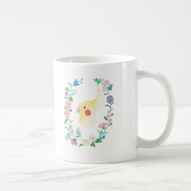 Cockatiel Lutino Floral Pet Bird Illustration Mug (Right)