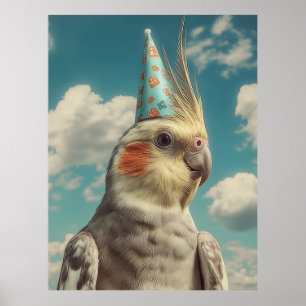 Cockatiel with Birthday Hat Against Blue Sky Poster