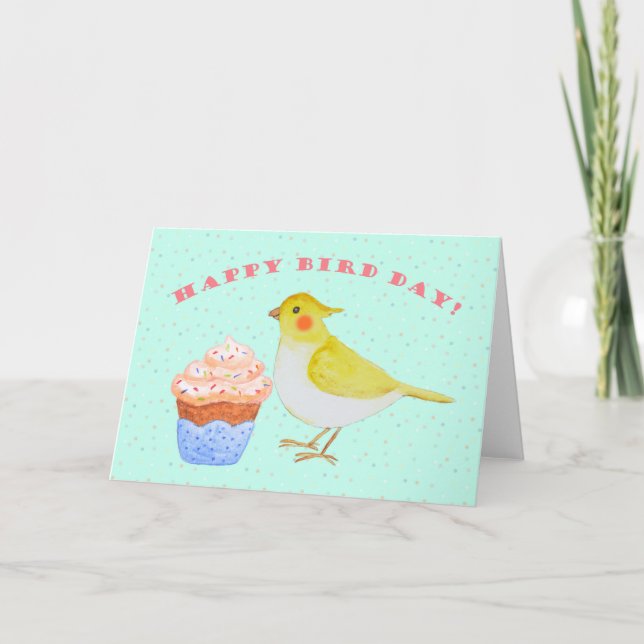 Cockatiel with cupcake Cute budgie bird  birthday Card (Front)