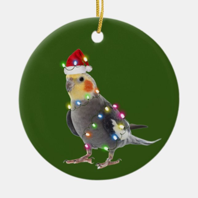 Cockatiel With Hat Lights Christmas Ceramic Tree Decoration (Front)